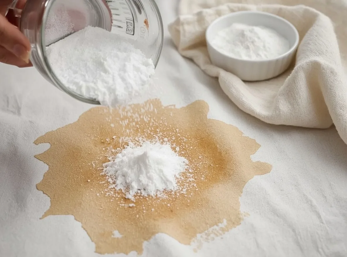 Baking soda absorbing bacon grease on fabric