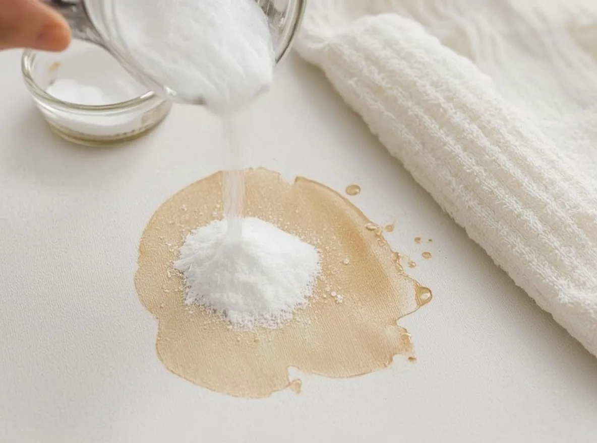 Baking soda absorbing cooking oil from cotton fabric