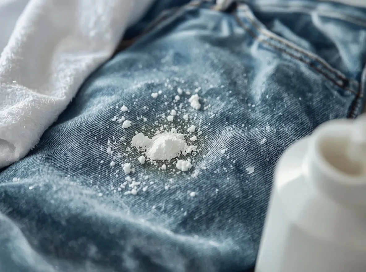 Baking soda absorbing grease from denim jeans