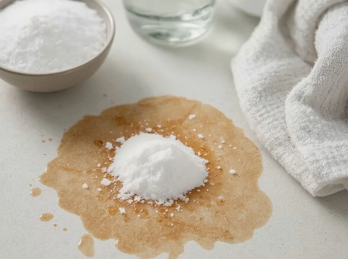 Baking soda absorbing pizza grease from fabric