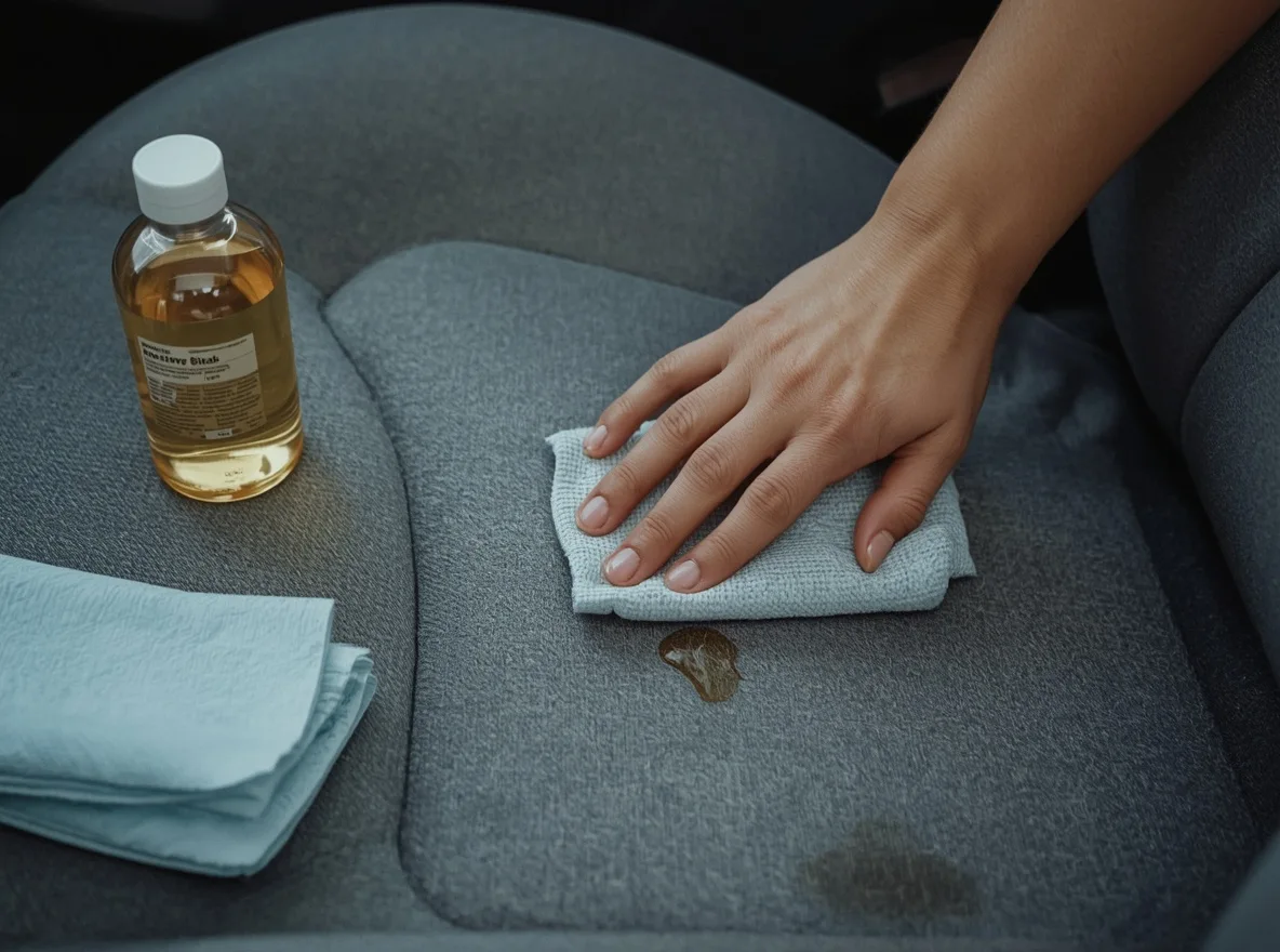 Cleaning grease from a cloth car seat with a microfiber cloth