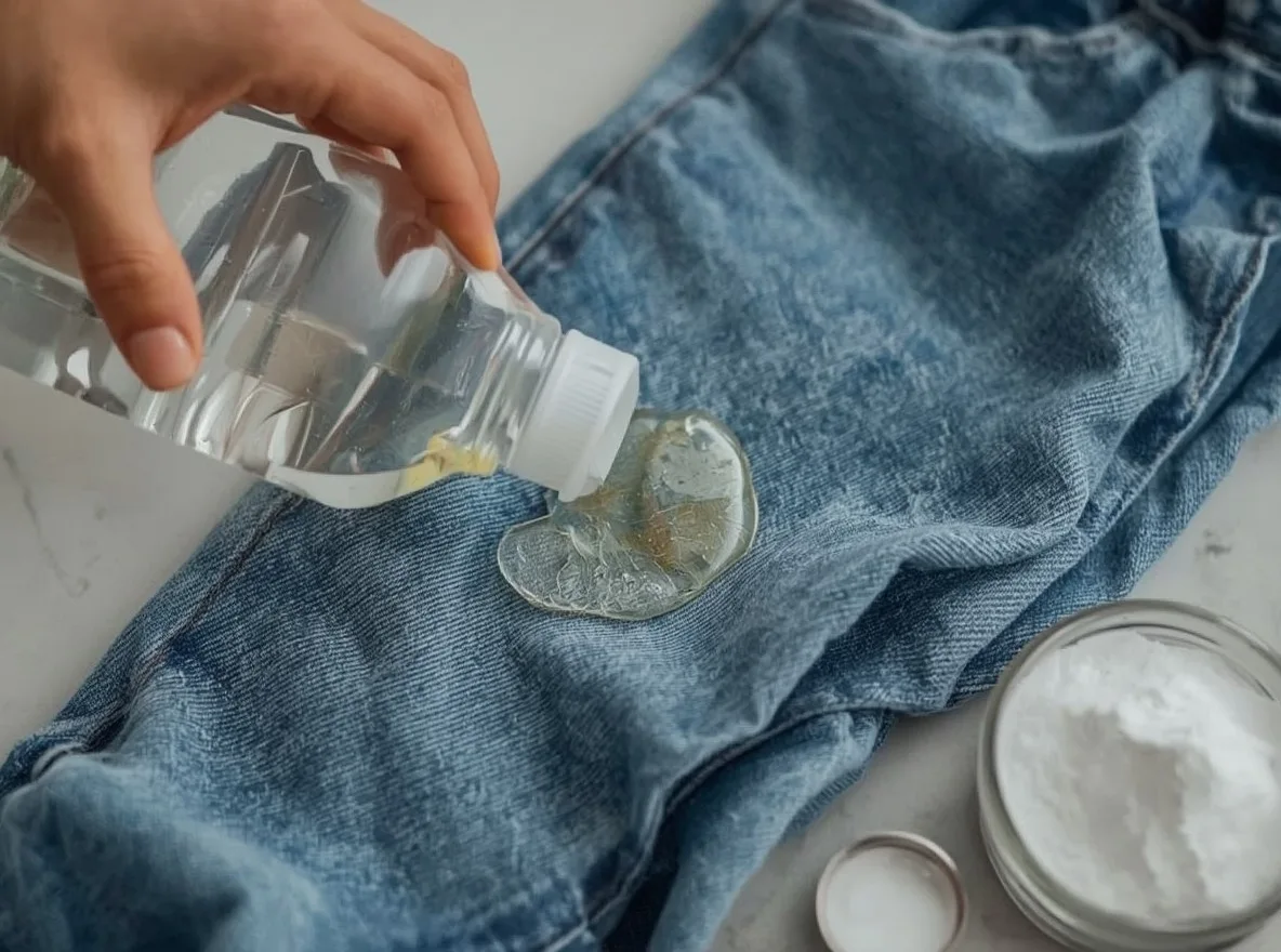 Cleaning a grease stain from jeans with dish soap