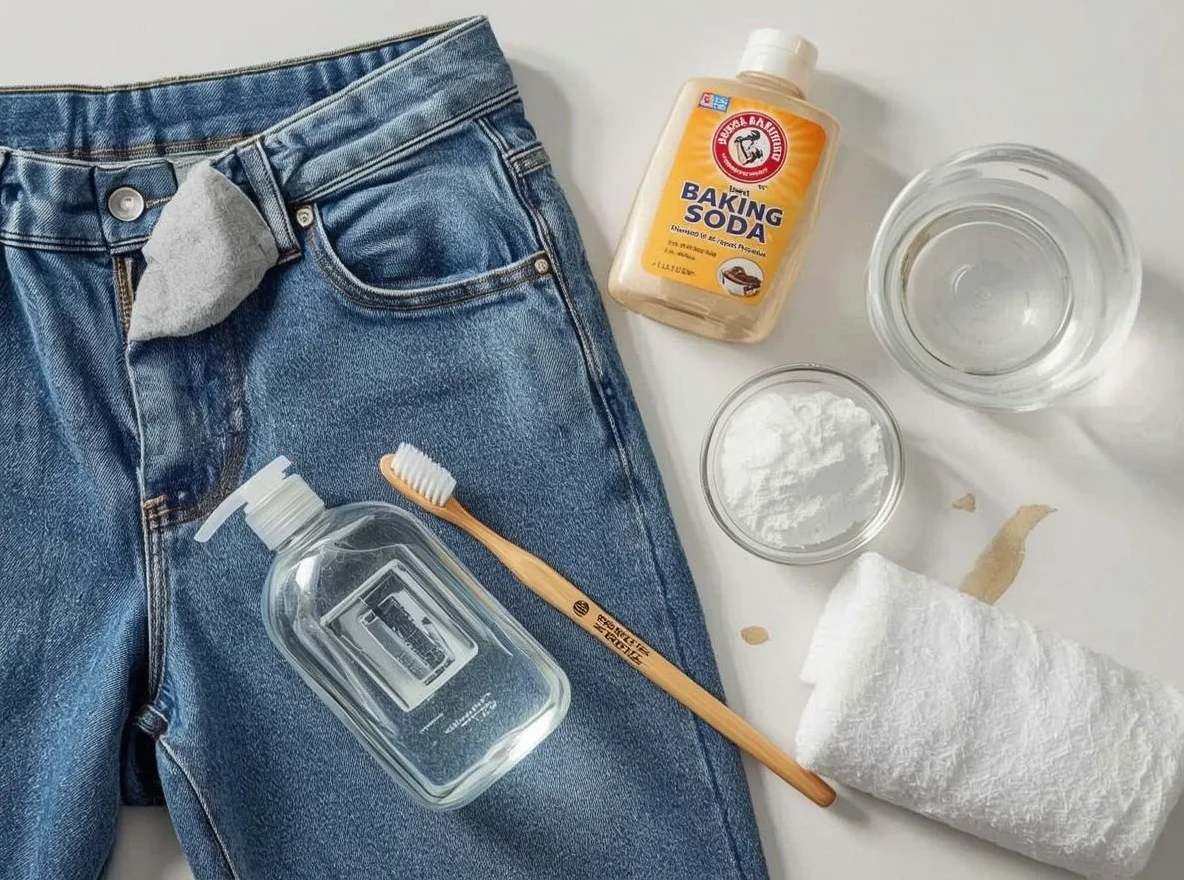 Laundry supplies for removing grease stains from jeans
