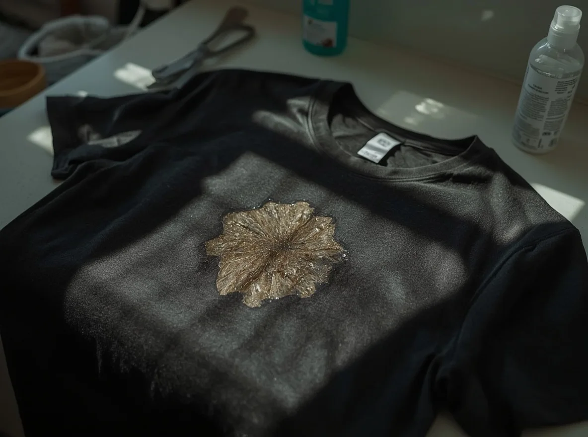 Old oil stain on a dark shirt before washing