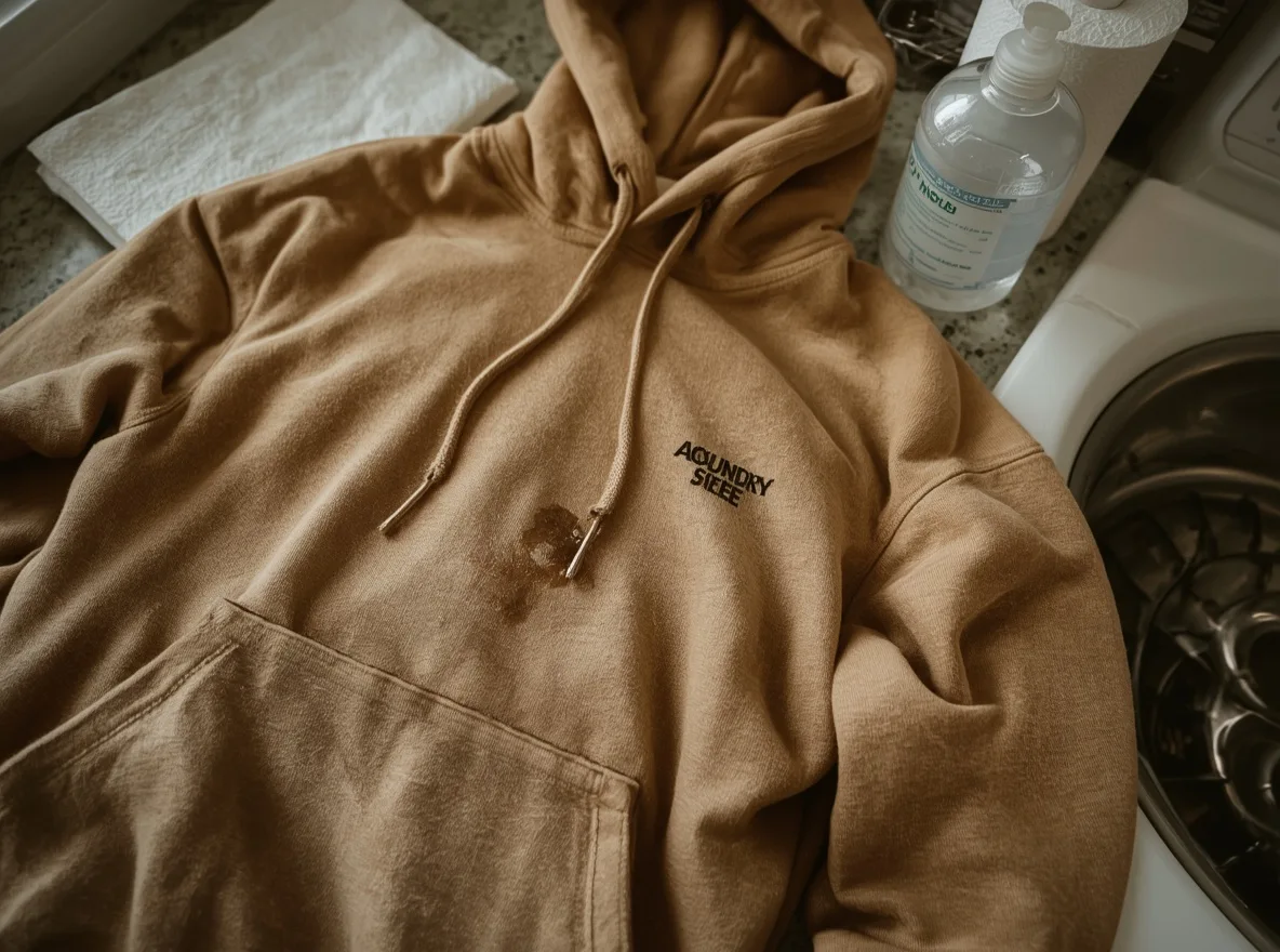 Pizza grease stain on a hoodie before washing